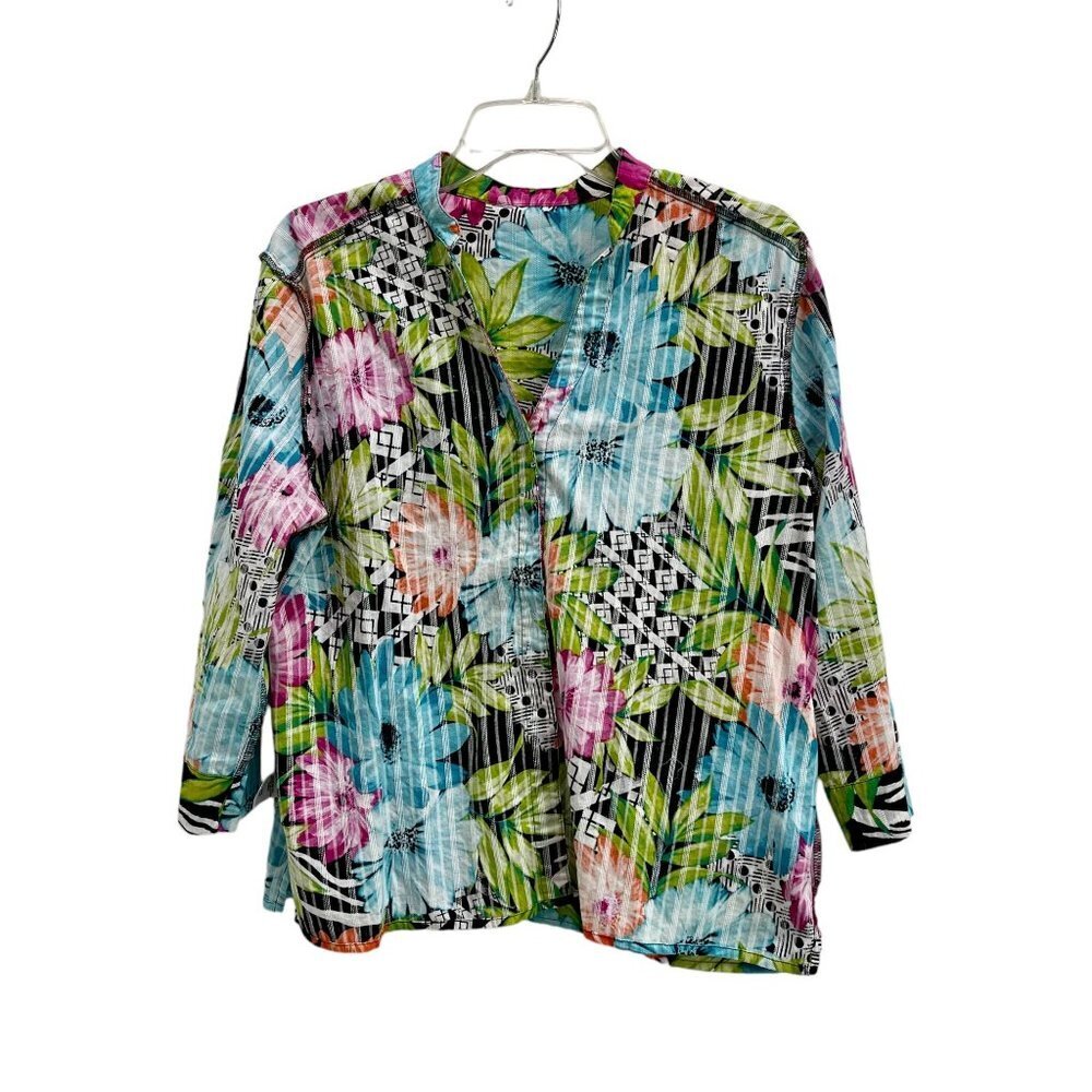 Alfred Dunner Women's Bright Floral Print 3/4 Sleeve Button Down Blouse Size 14P - Picture 4 of 16